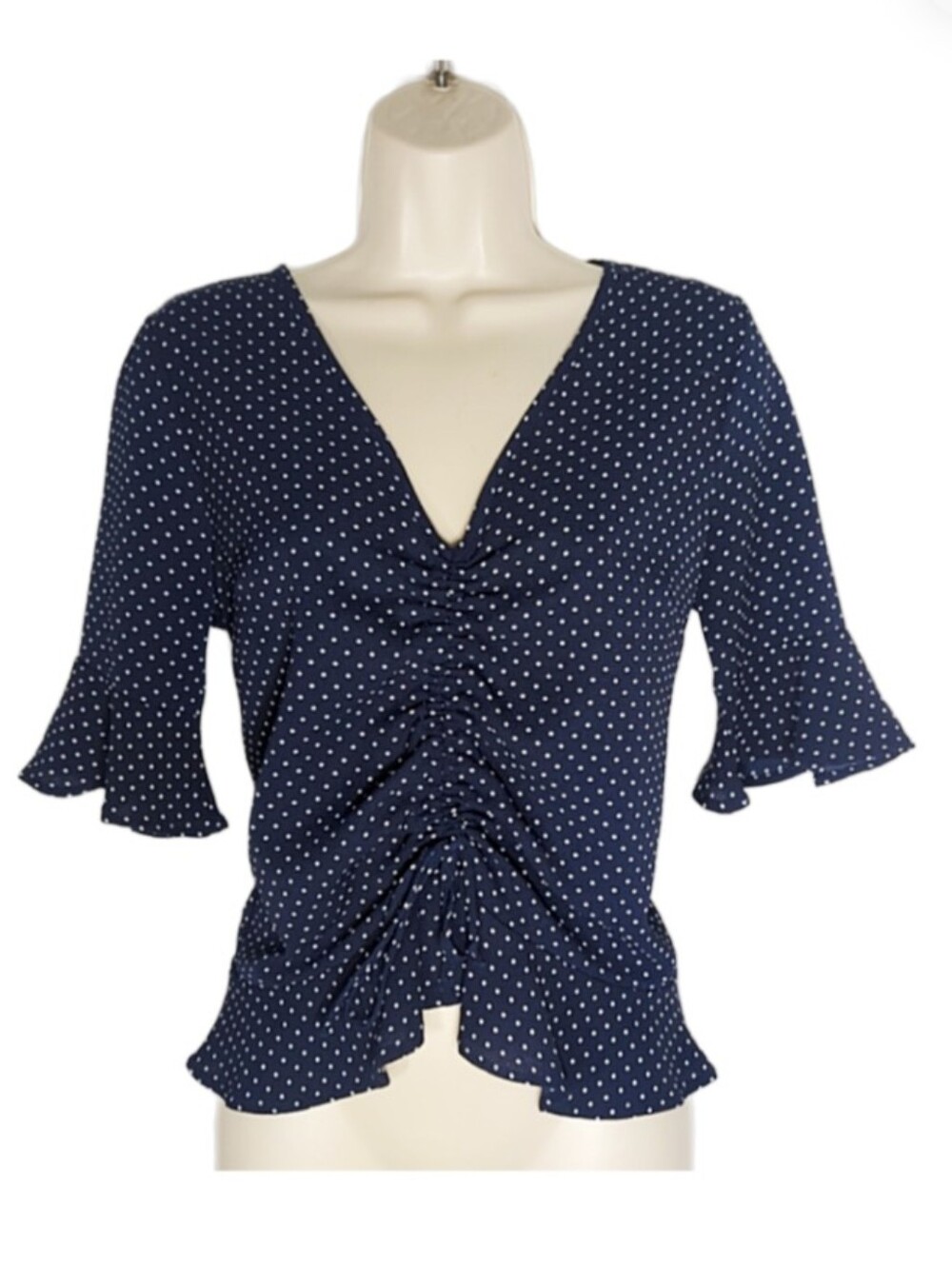 Blue Rain Navy Blue White Polka Dot Ruched V-Neck Blouse Small